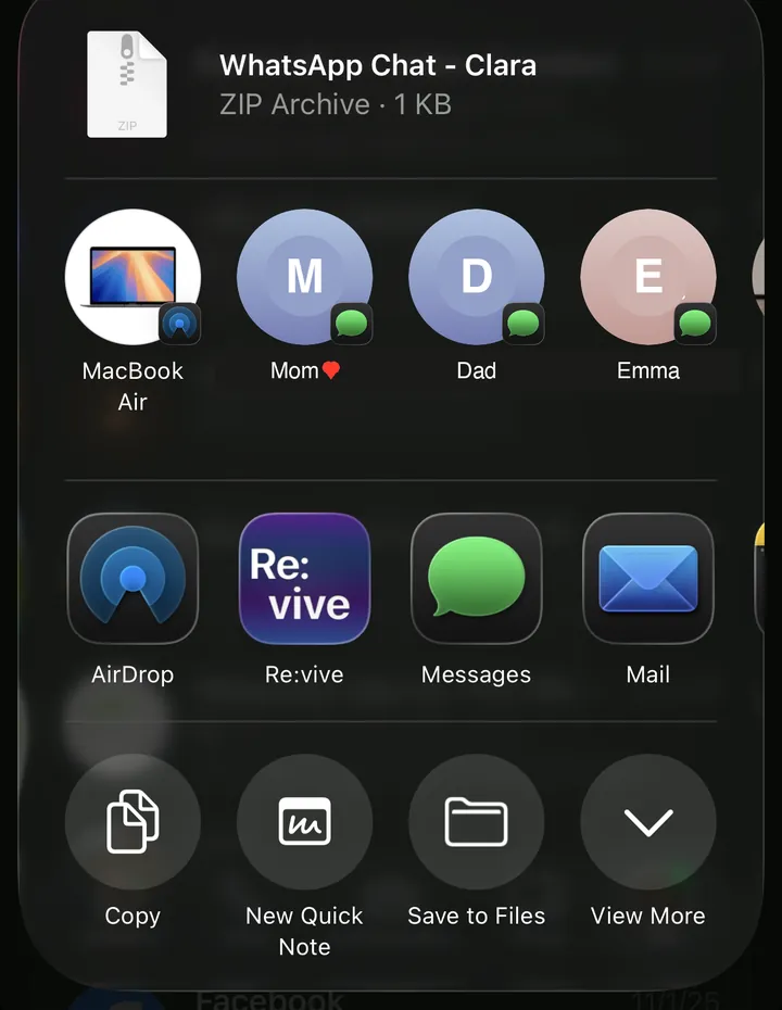 The share sheet with Re:vive among the apps